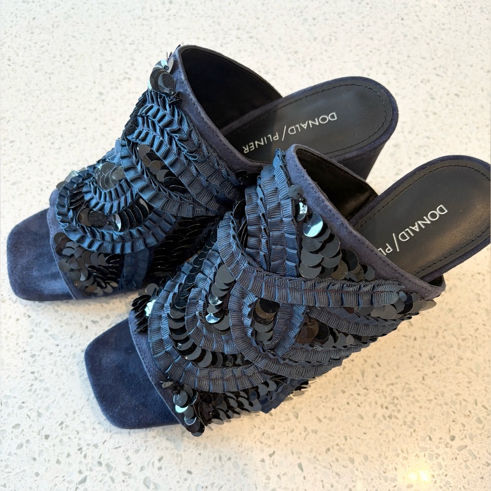 Navy Blue Block Heel Open Toe Slide Sandals Leather & Suede With Sequin Design - Picture 10 of 15